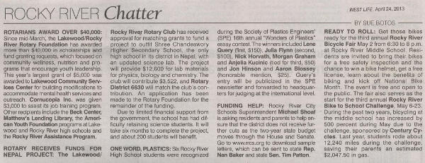 West Life / Rocky River Chatter article from April 24, 2013