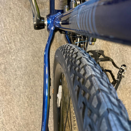 Gravel bike showing tire clearance at the chainstays